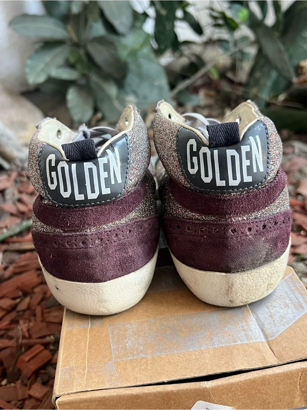 EUC Golden Goose Midstars 37 maroon, blue suede and glitter